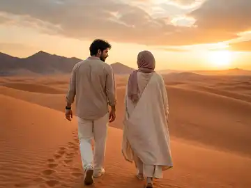 پیاده‌روی زوج در کویر غروب