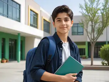 دانش‌آموز باانگیزه در حیاط مدرسه