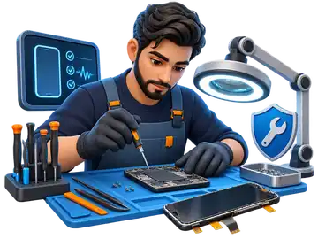 تعمیرکار موبایل در حال عیب‌یابی