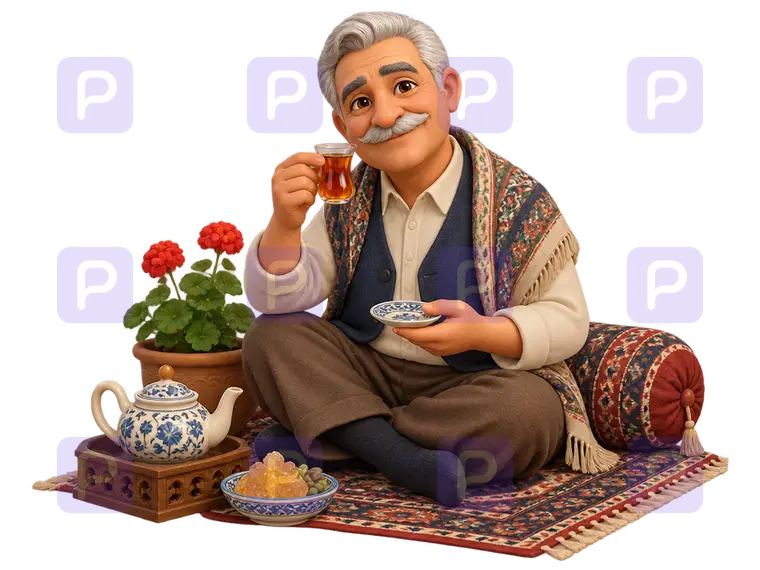 پیرمرد خوشرو با چای ایرانی